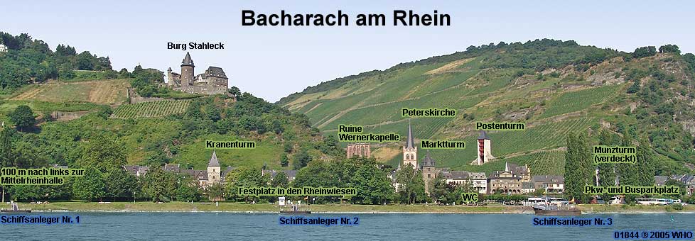 Bacharach am Rhein mit Burg Stahleck, Wehrtrmen, Ruine der Wernerkapelle und Peterskirche.