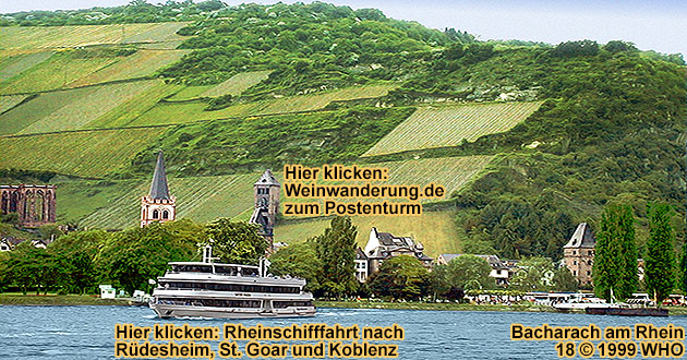 Bacharach am Rhein, Ruine Wernerkapelle, Peterskirche, Postenturm, Marktturm und Mnzturm. Rheinschifffahrt von Rdesheim und Bingen entlang Bacharach und der Loreley nach St. Goar zur Burg Rheinfels (oder umgekehrt).